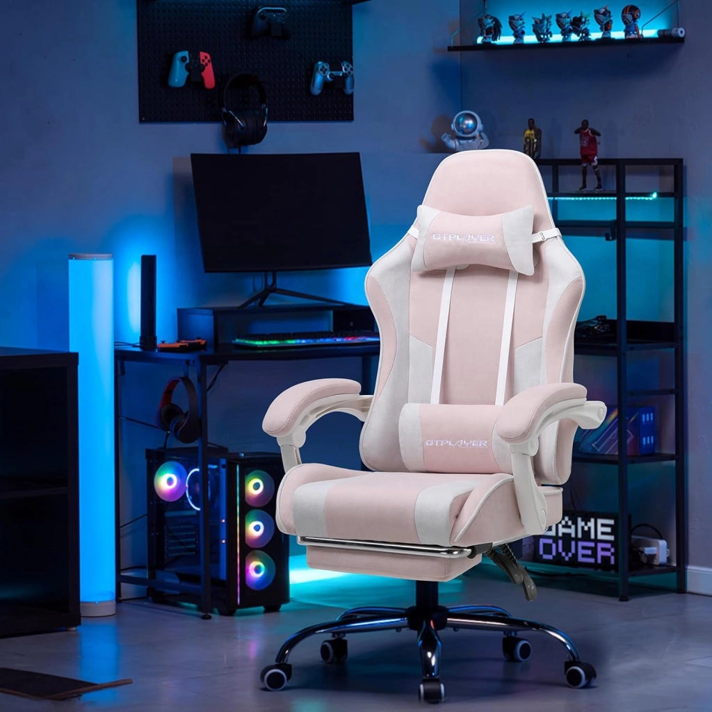 Sedia da gioco, sedia da ufficio, sedia ergonomica, sedia da gioco, con supporto per massaggi, sedie task con poggiapiedi e poggiatesta, tessuto rosa