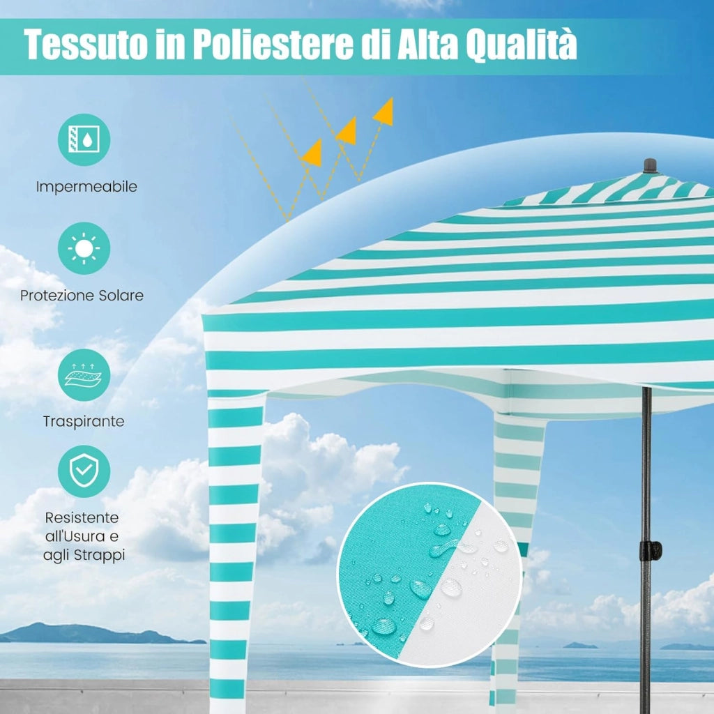 Tenda da Spiaggia Pieghevole 183 x 183 cm, Tenda da Mare con Borsa di Trasporto, Parete Removibile e 8 Tasche per Sabbia, per Spiaggia, Campeggio e Picnic (Verde e Bianco, 183 x 183 cm)
