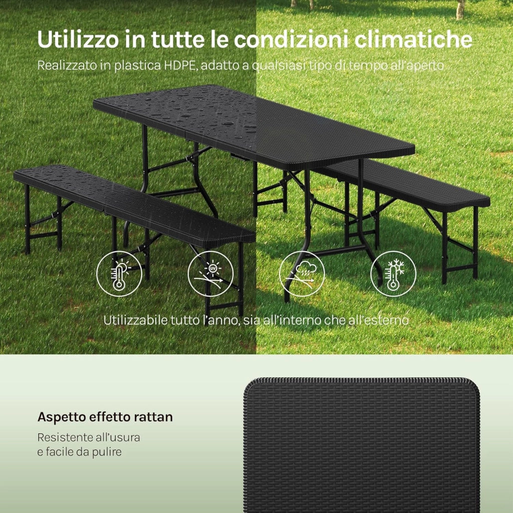 Set Birreria 3 Pezzi con Tavolo da Campeggio con 2 Panche Pieghevoli, Set Giardino Esterno Effetto Rattan, Resistente alle Intemperie e Facile da Pulire, per Campeggio, Giardino, Nero