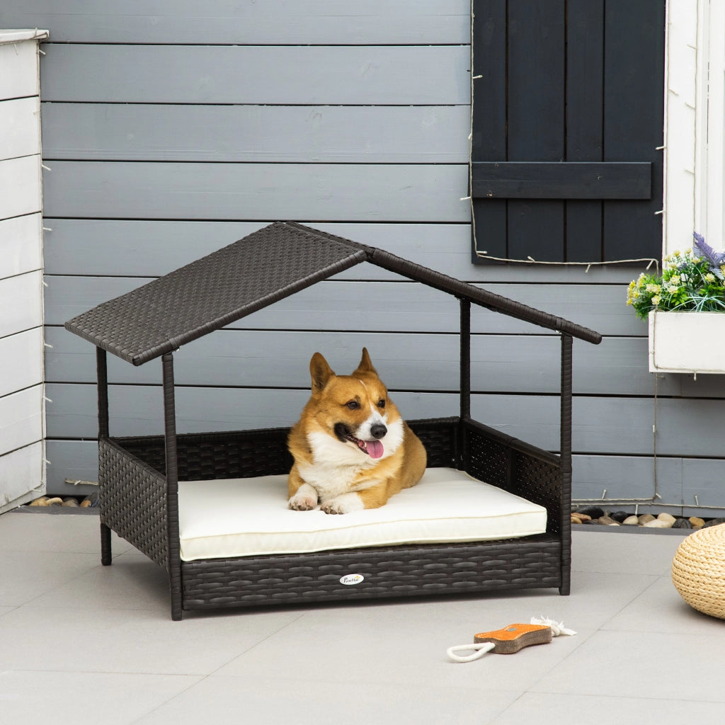 Casetta per cani in rattan con cuscino 98 x 69 x 73 cm, struttura in acciaio, colore marrone