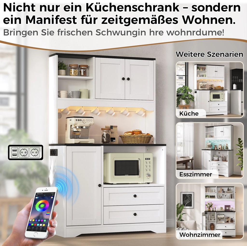 Mobile cucina multifunzione bianco con LED, prese USB e vano microonde