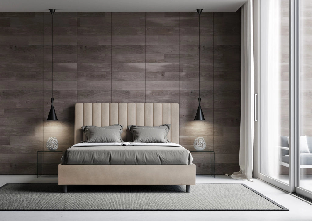 BS COM Letto matrimoniale senza rete imbottito 160x200 microfibra sabbia