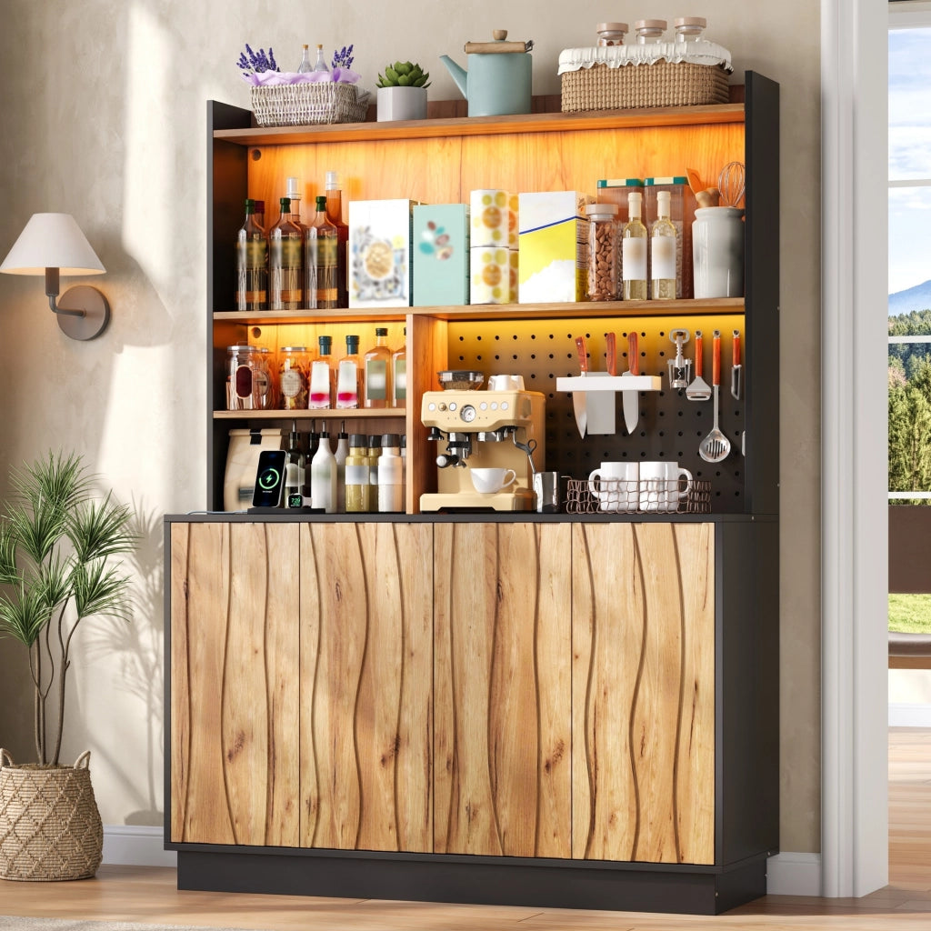 Mobile da cucina con LED RGB e prese integrate; 120x43x160 cm; MDF naturale e nero