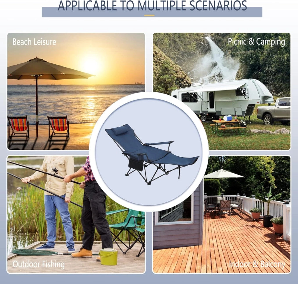 Sedia da Campeggio Portatile Reclinabile, Sedia Pieghevole Esterno con Poggiapiedi, Poggiatesta e Borsa da Trasporto, per Pesca, Giardino, Blu