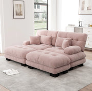 Divano modulare in chenille rosa con 2 pouf; 2 cuscini lombari e 2 cuscini decorativi