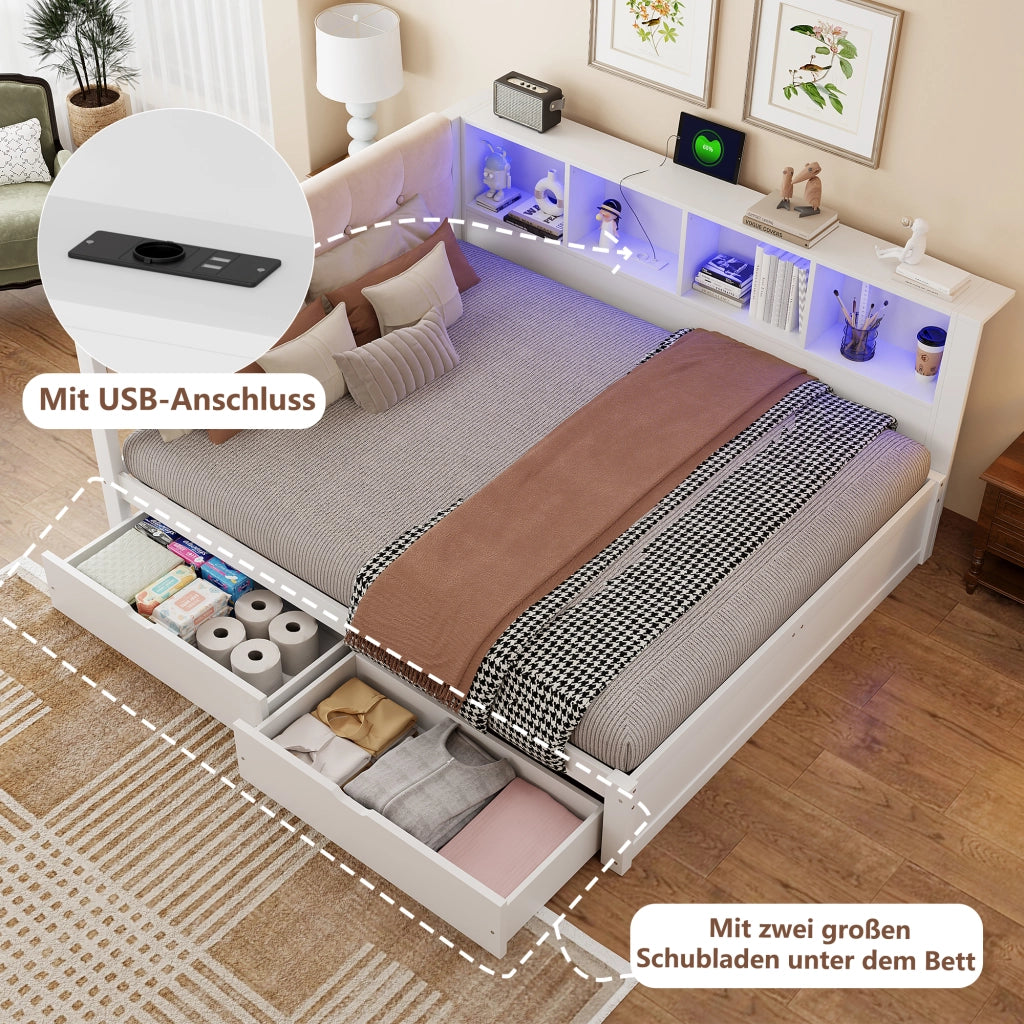LETTO 140x200 cm con cassetti, ripiano, USB e LED, Legno di pino/MDF Bianco