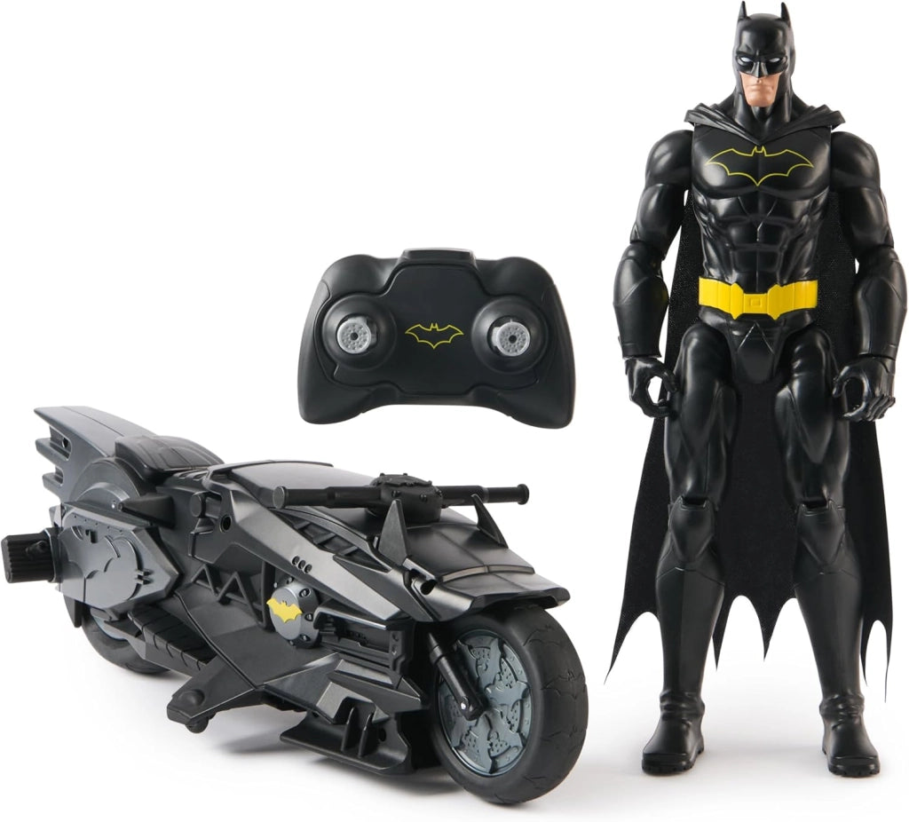 DC Comics, Batcycle stealth radiocomandato di Batman con action figure di Batman da 30 cm,Spin Master, Eta 4+