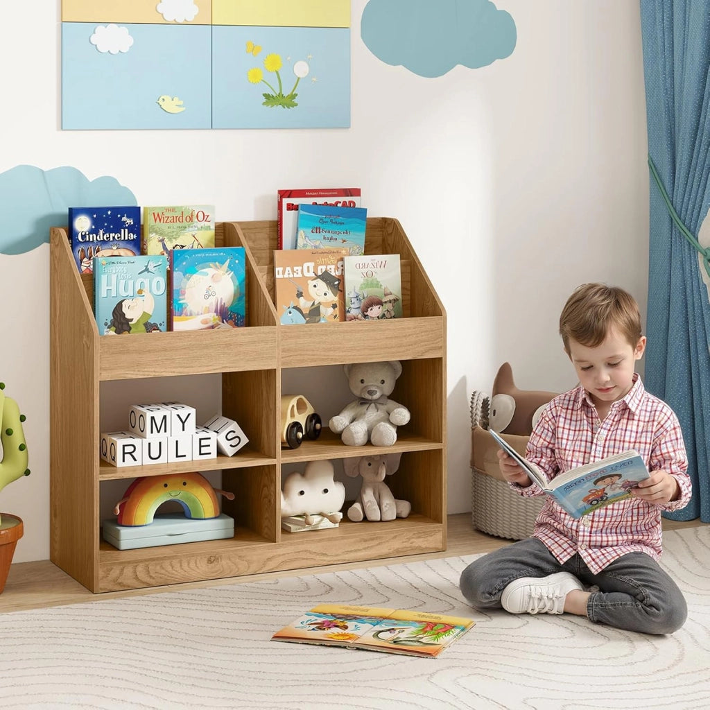 Libreria Montessoriana Porta Libri per Bambini, Scaffale Multifunzione con 4 Cubi e 4 Scomparti, Anti-ribaltamento, Salvaspazio per Cameretta e Stanza dei Giochi, 90x34x80 cm (Naturale)