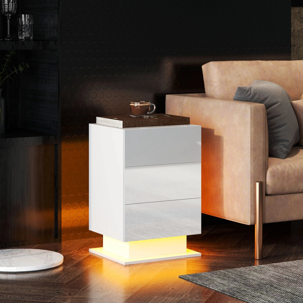 Comodino con LED RGB e 3 Cassetti ¨C Zephmum ¨C Bianco Lucido 40x35x60 cm