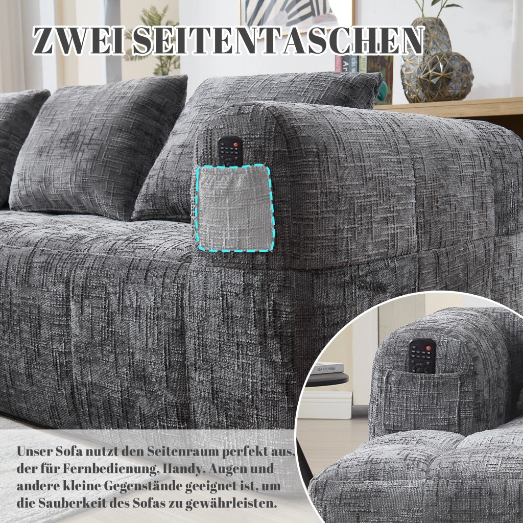 OKWISH Divano Angolare 3 Posti Modulare, con Chaise Longue, Tasche Laterali e 3 Cuscini, Ciniglia, Grigio