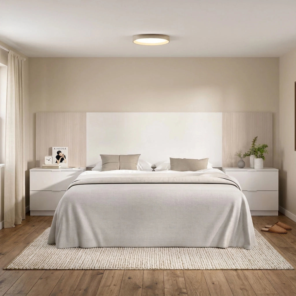 Testiera letto Dujuan, Spalliera, Testata per camera da letto, Poggiatesta, 259x34 h106 cm, Bianco e Rovere