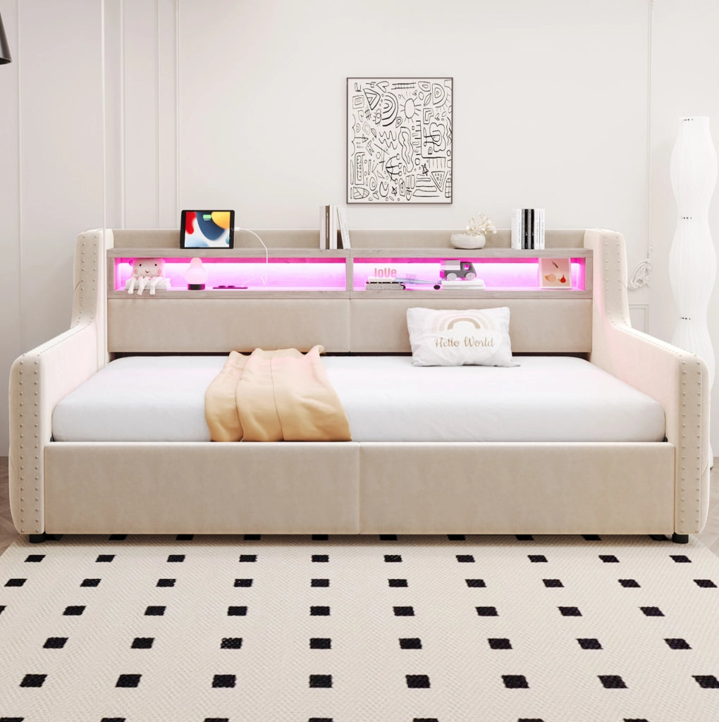 Divano letto imbottito 90x200 cm con vano contenitore e LED beige