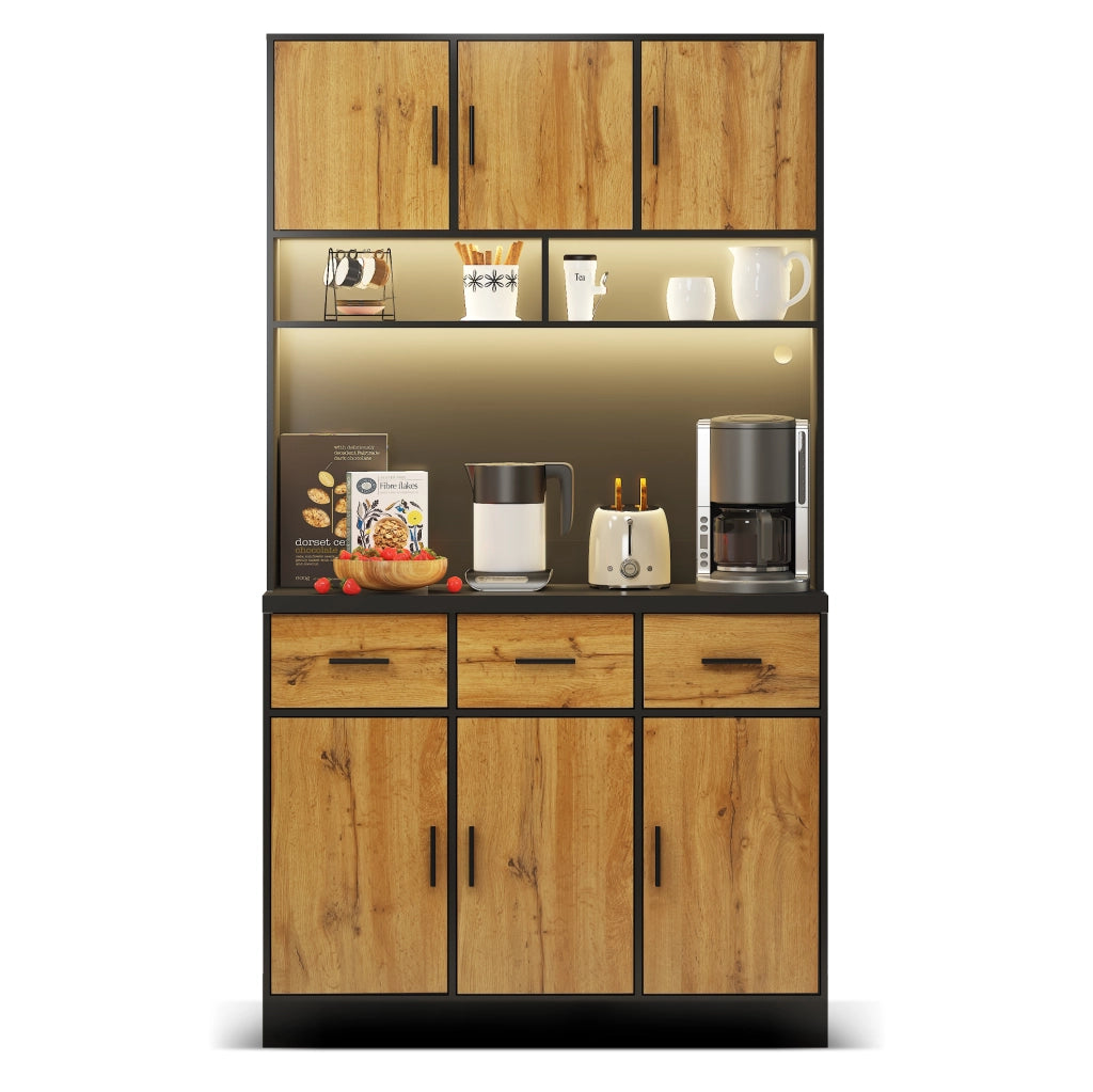 Mobile cucina 100x40x180 cm con LED e controllo APP; 3 cassetti; MDF; nero e naturale