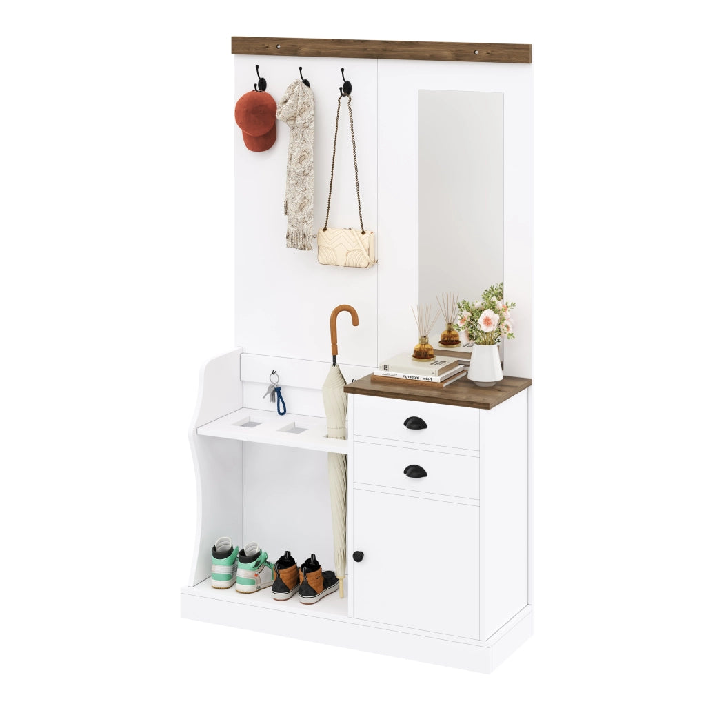 Mobile Ingresso con Specchio; 1 Anta; 2 Cassetti; Portaombrelli e Appendini; Stile Moderno; in Pannello di Particelle; Bianco; 110;5??38??191 cm