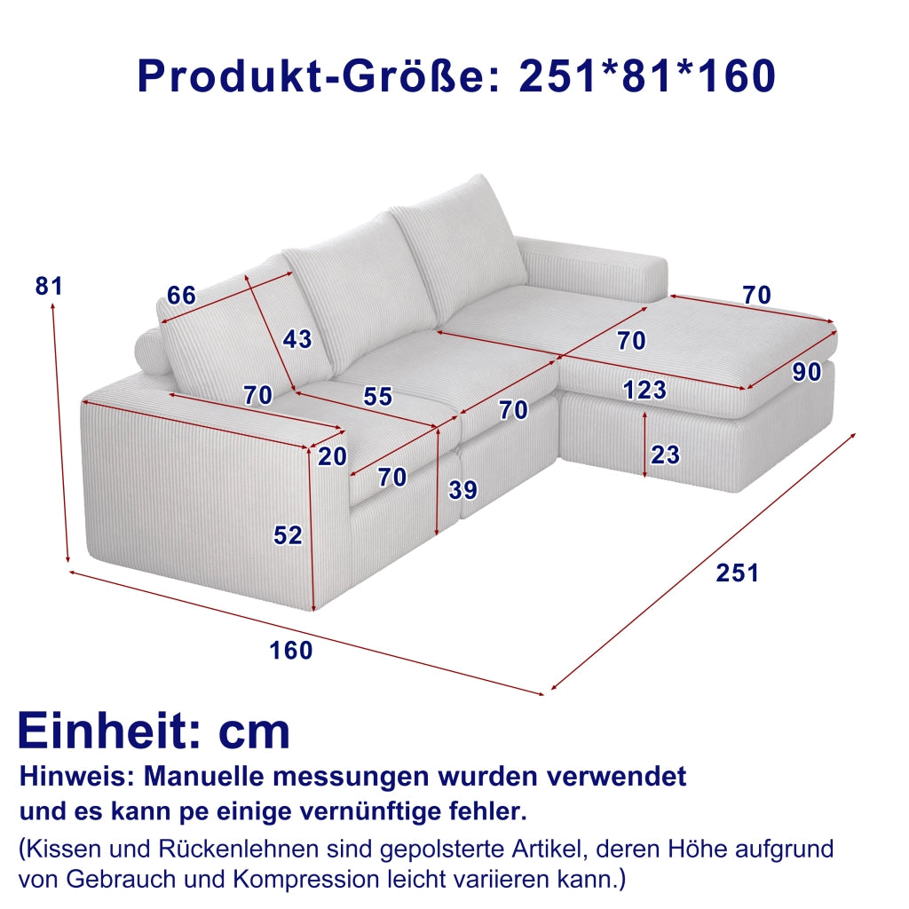 Divano Angolare con Chaise Longue in Tessuto a Coste e Cuscini ¨C Xylo ¨C Grigio