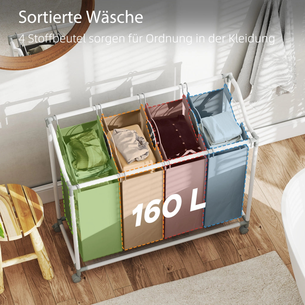 Cestino per la biancheria con 4 compartimenti 160 L con ruote e sacco estraibile ¨C Minimal ¨C Grigio 97x38x81 cm