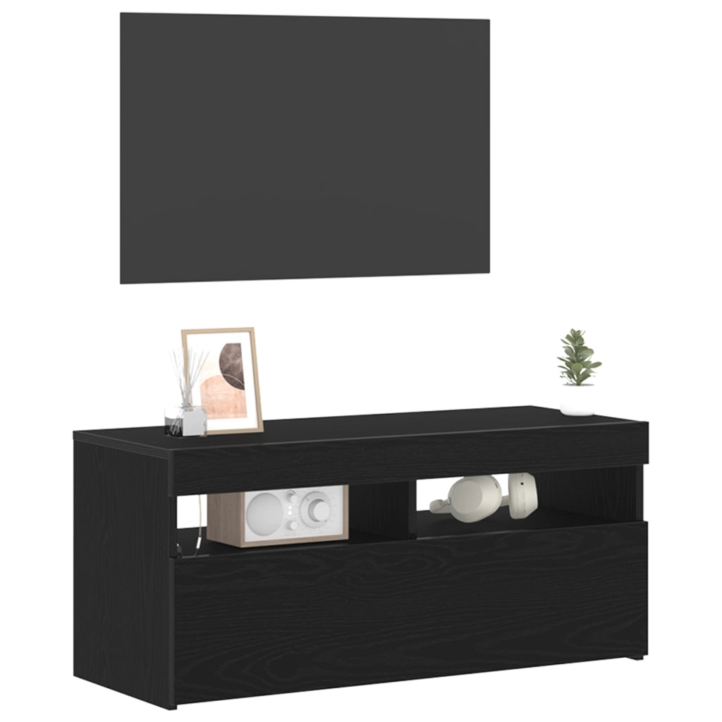 Mobile TV  con luci LED, Nero Rovere 90x35x40 cm in legno ingegnerizzato