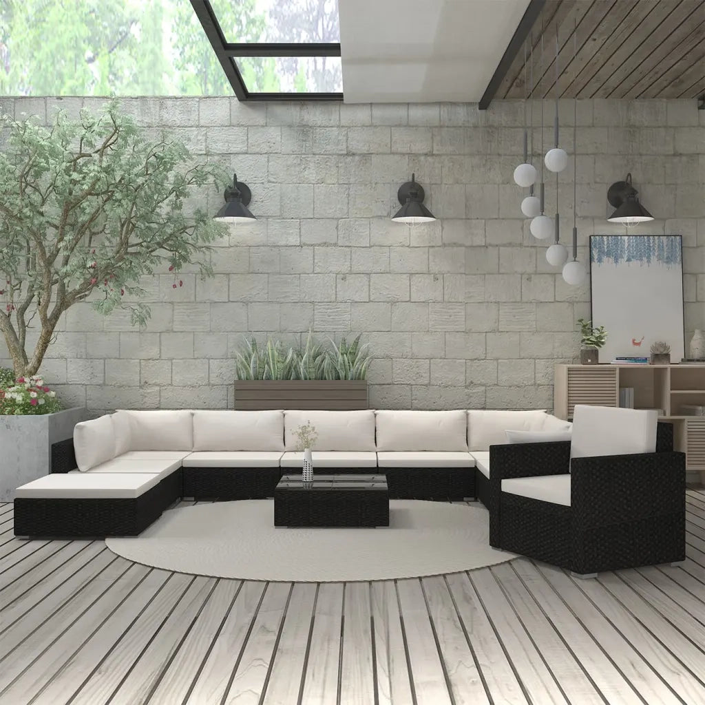 Set Divani da Giardino 11 pz con Cuscini in Polyrattan Nero