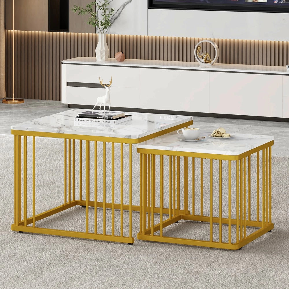 Set 2 Tavolini da Caff¨¨ Effetto Marmo Lucido ¨C MINIMAL ¨C Piano Quadrato, Gambe Dorate, 60x60x45 e 45x45x40