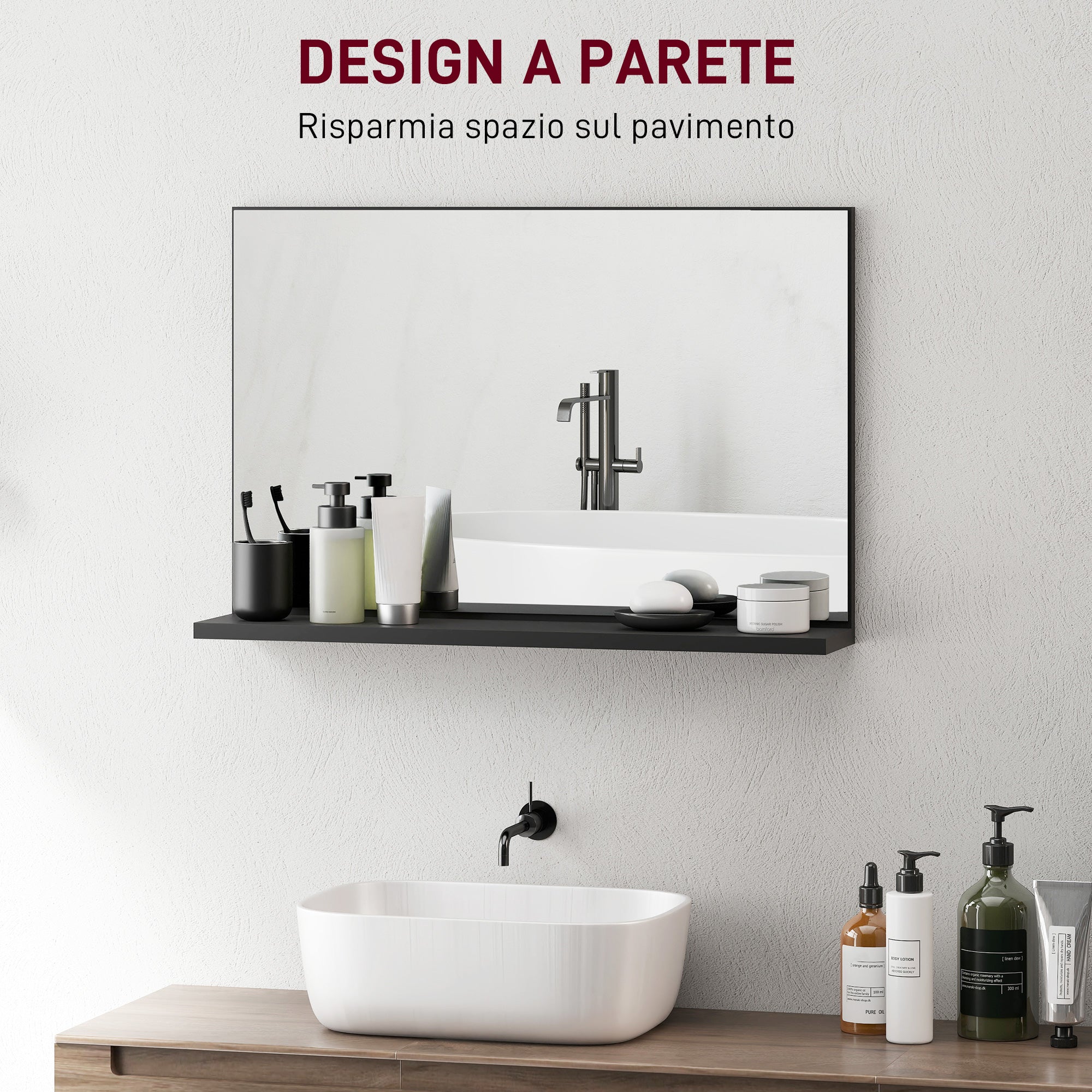 Specchio Bagno da Parete 60x12x40 cm con Mensola in Truciolato Nero