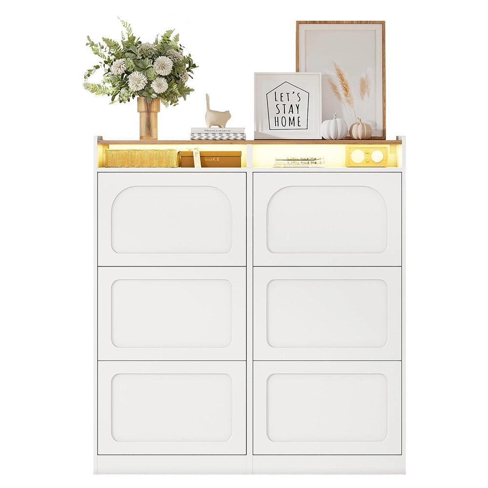 Scarpiera moderna con LED - Xylo - 120x130x24 cm - Bianco naturale - 6 scompartimenti a ribalta