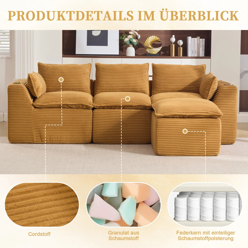 Divano modulare 3 posti con pouf; cuscini e tasche laterali - in corduroy arancione