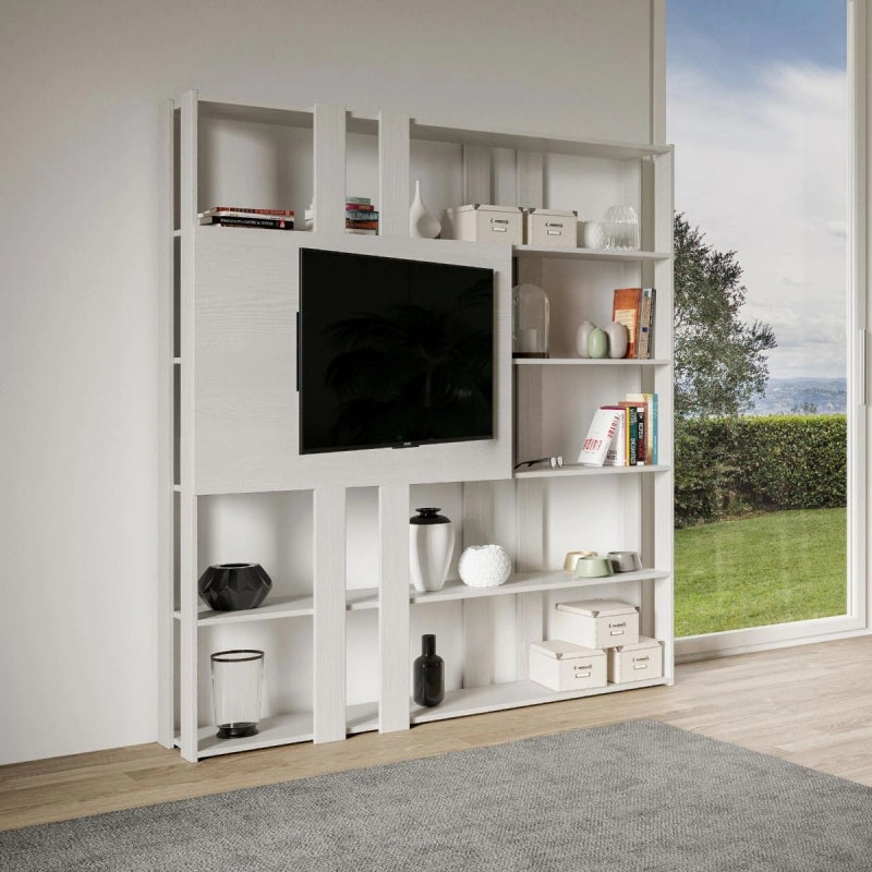 Composizione Libreria Kato 6R 2 fianchi 2 fasce lunghe 2 fasce corte 2 fasce medie pannello TV - Bianco Frassino,N