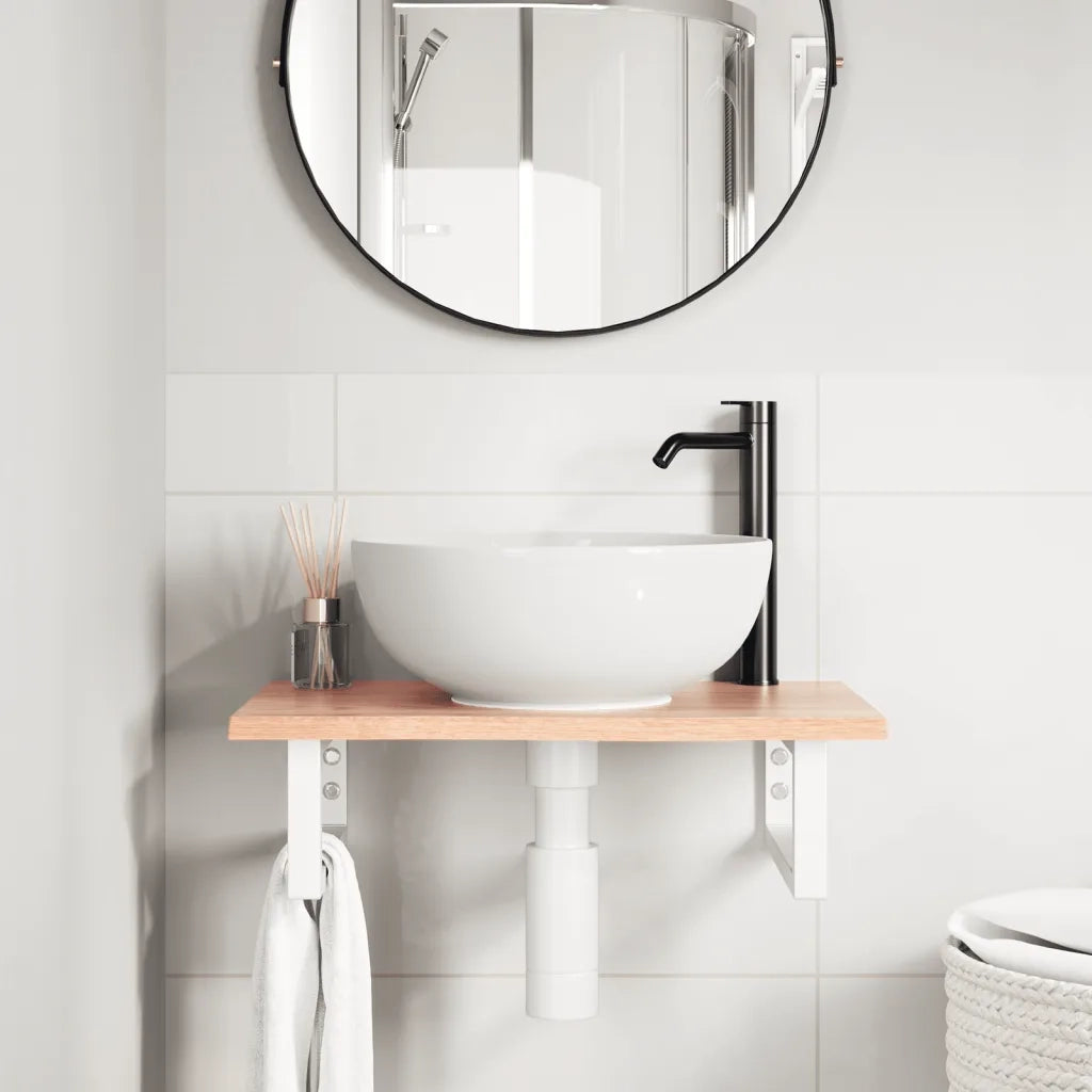 Ripiano a Parete per Lavabo in Acciaio e Massello di Rovere 3302560
