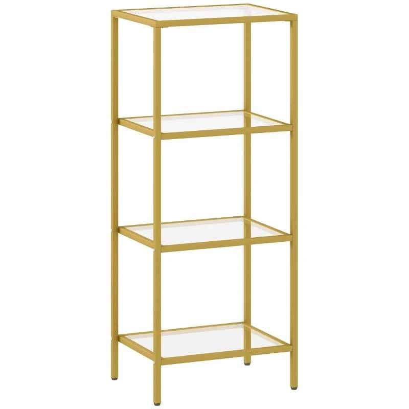 MOBILETTO SCAFFALE A 4 LIVELLI MINIMAL IN METALLO E VETRO TEMPERATO, 40X30X96.5 CM, COLOR ORO