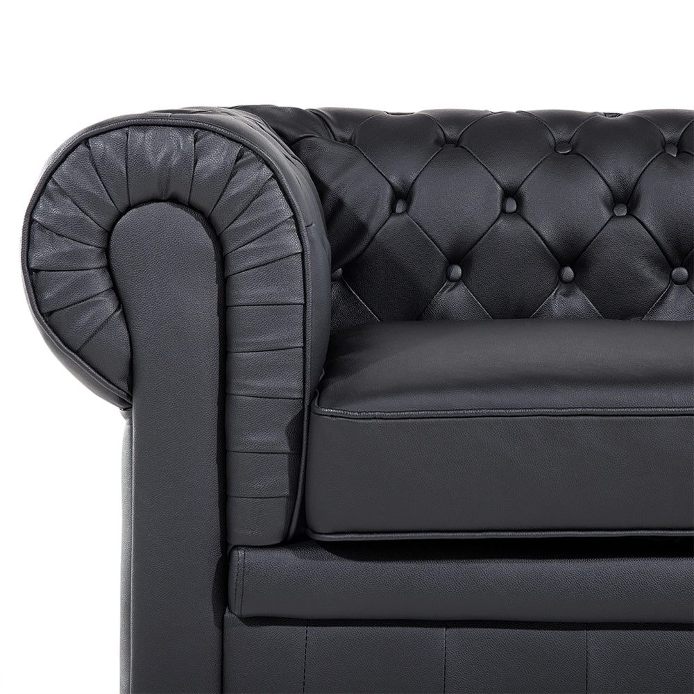 Set soggiorno Chesterfield Rivestimento in pelle nera Gambe in legno scuro Divano a 3 posti + poltrona contemporanea