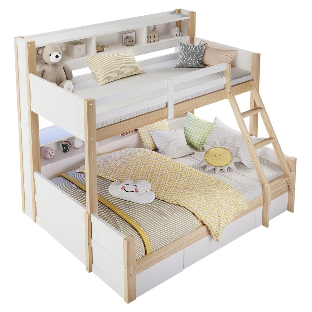 Letto a Castello 90x200 + 140x200 con LED e Cassetto ¨C Xylo ¨C Bianco e Naturale