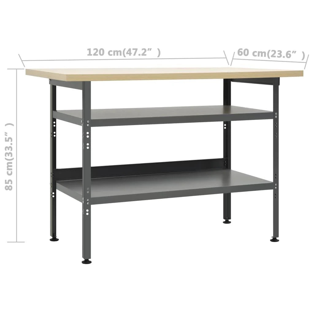 Banco da lavoro tavolo da lavoro postazione di lavoro deposito attrezzi banco portautensili con 2 ripiani garage/officina 120 cm acciaio grigio 02_0003676