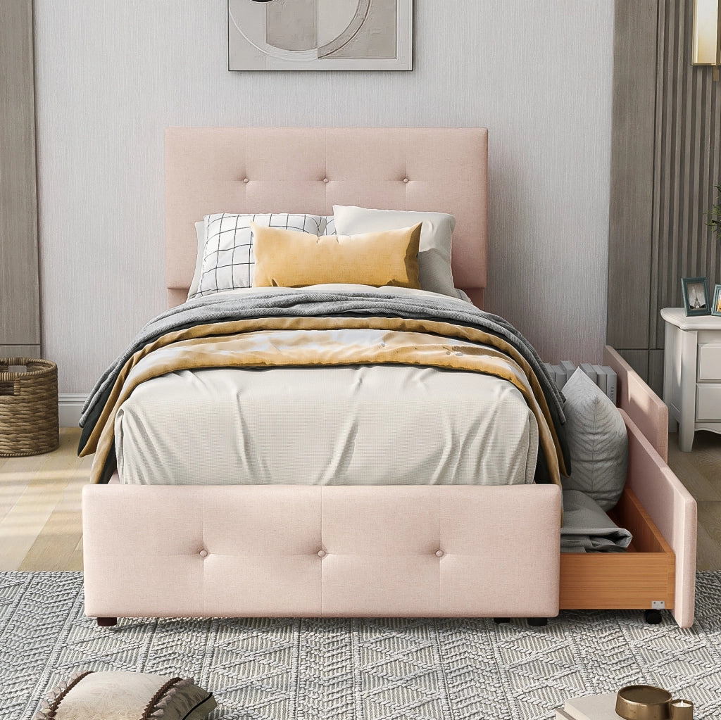 Letto singolo imbottito 90 x 200 cm con rete a doghe e cassetto beige