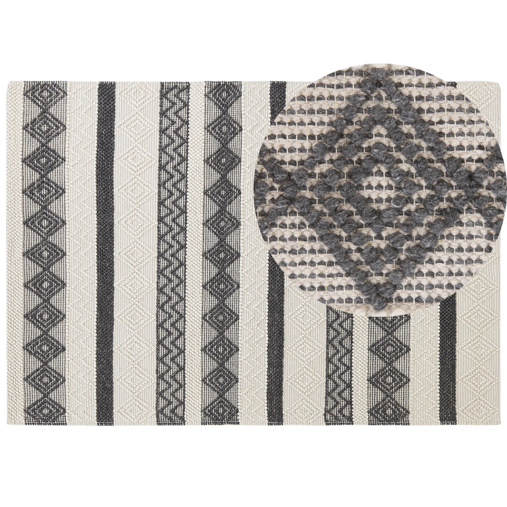 Tappeto in lana beige chiaro e grigio poliestere 160 x 230 cm intrecciato a mano motivo geometrico boho soggiorno camera da letto