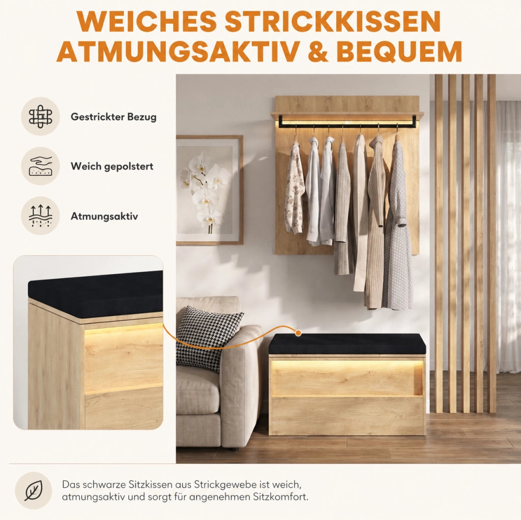 ARMADIO Guardaroba con LED, Specchio e Panchina 180x47x200 cm MDF Rovere Antracite