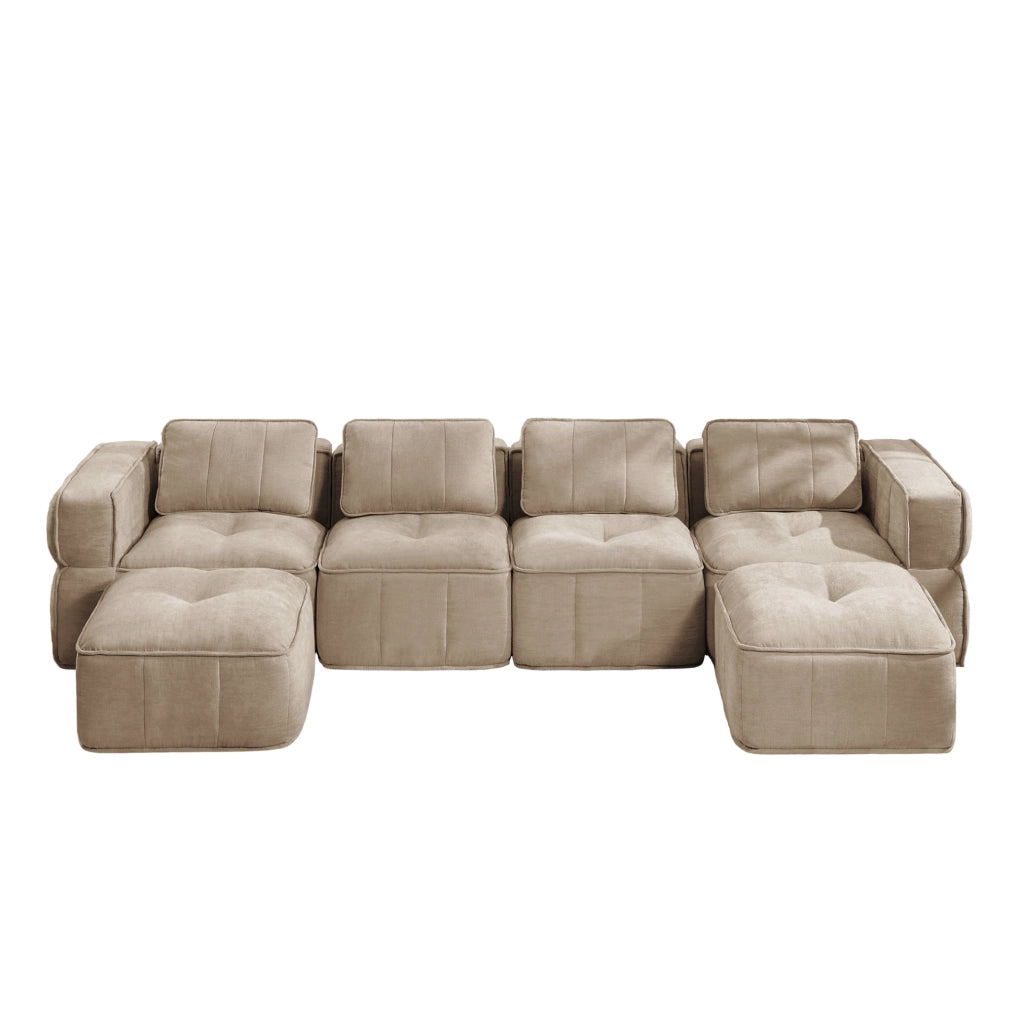 Divano modulare a U 4 posti con 2 pouf 344x162x67 cm in poliestere color sabbia