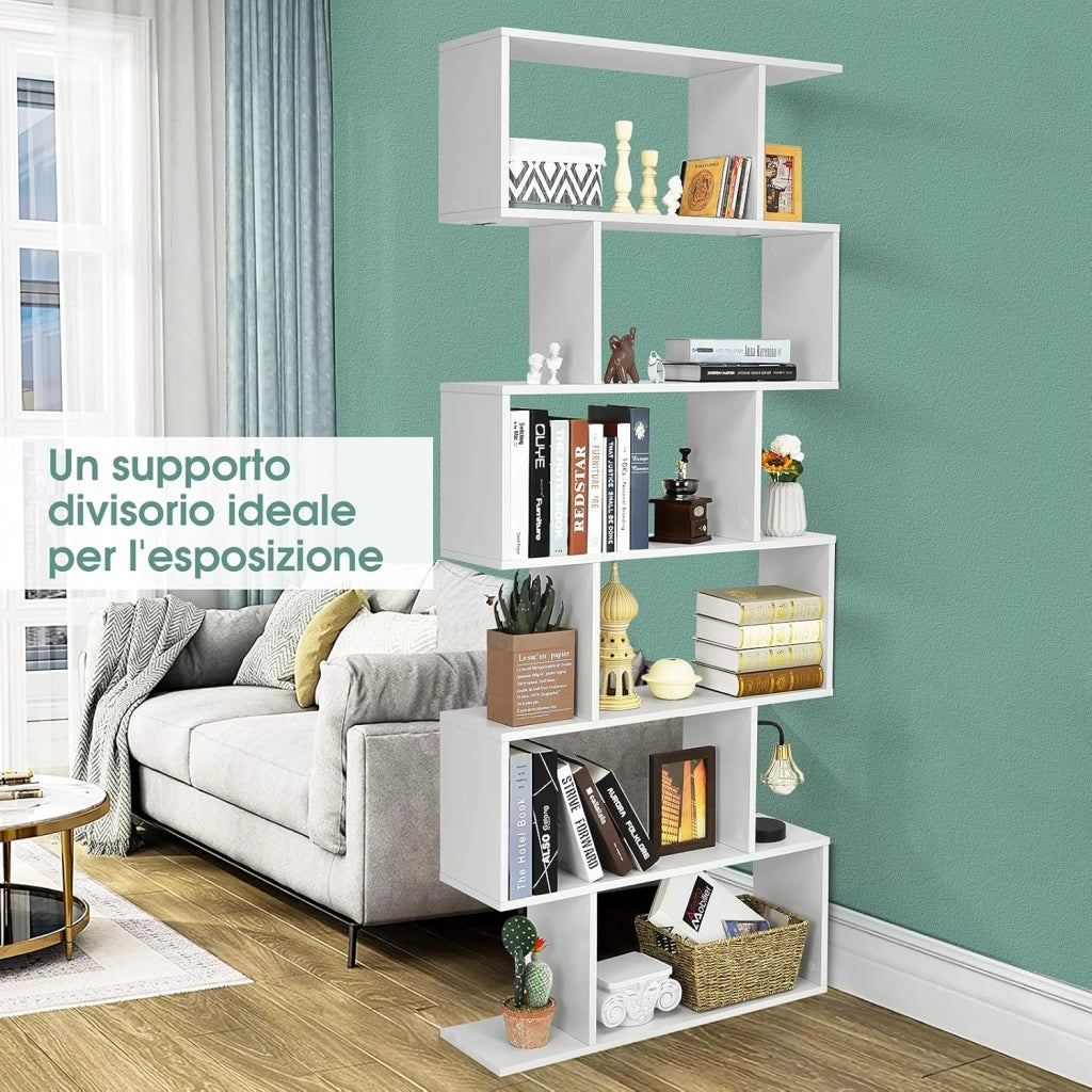 Libreria in Legno Scaffale Multifunzionale a 6 Ripiani per Piante e Libri per Ufficio Casa Ripiano a Forma di S, 80 x 23 x 192 cm (Bianco)