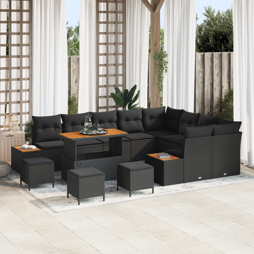 Set di Divani da Giardino  da 13 Pezzi con Cuscini Nero Polyrattan Acacia