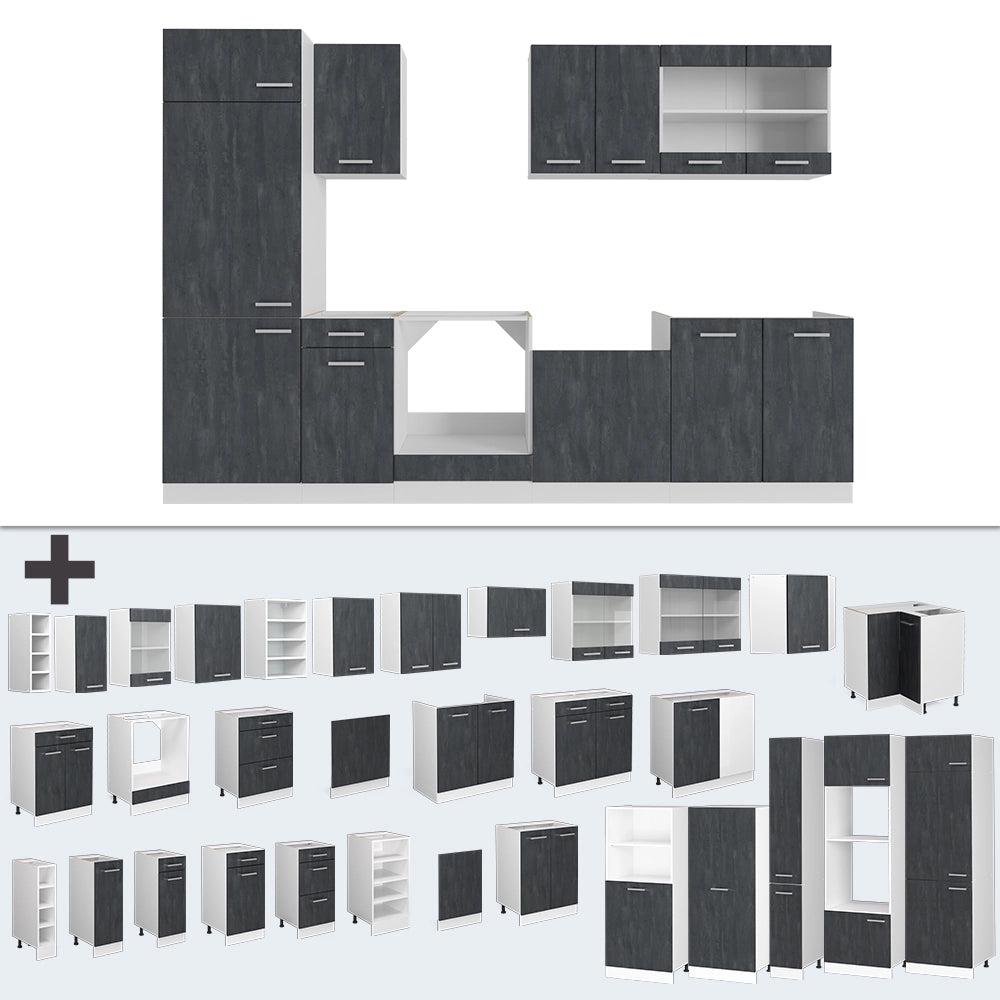 Cucina componibile R-Line Calce nera/Bianco 300 cm senza piano di lavoro Vicco