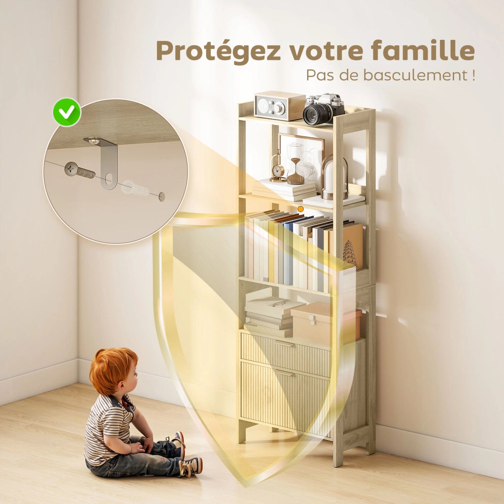 Libreria alta con 4 ripiani aperti e 2 cassetti ¨C Xylo ¨C legno naturale 60x30x160 cm