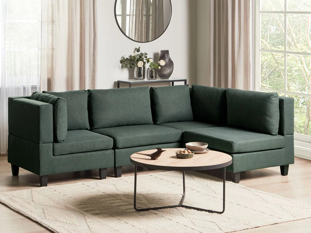 Divano componibile a 4 posti imbottito in tessuto verde scuro gambe nere lato sinistro con ottomana stile moderno