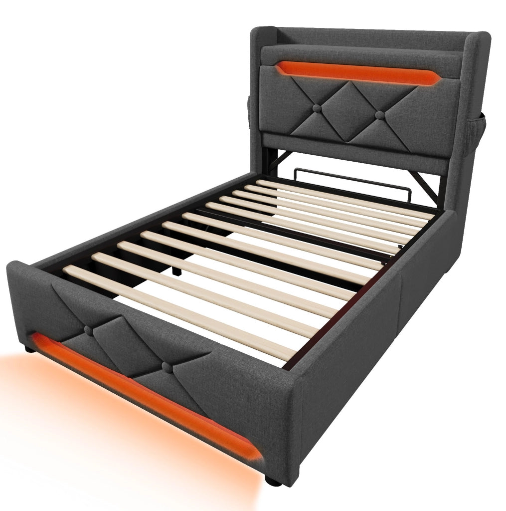 Letto singolo contenitore 90x200 cm con LED; USB e USB C; tessuto in lino grigio