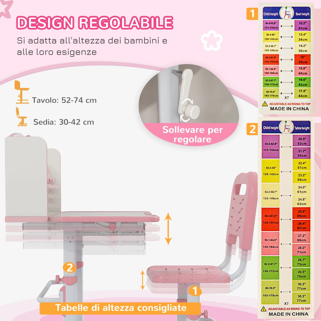 Set Scrivania per Bambini con Sedia Regolabile in Altezza e Piano Inclinabile, Et¨¤ 6-12 Anni, Rosa