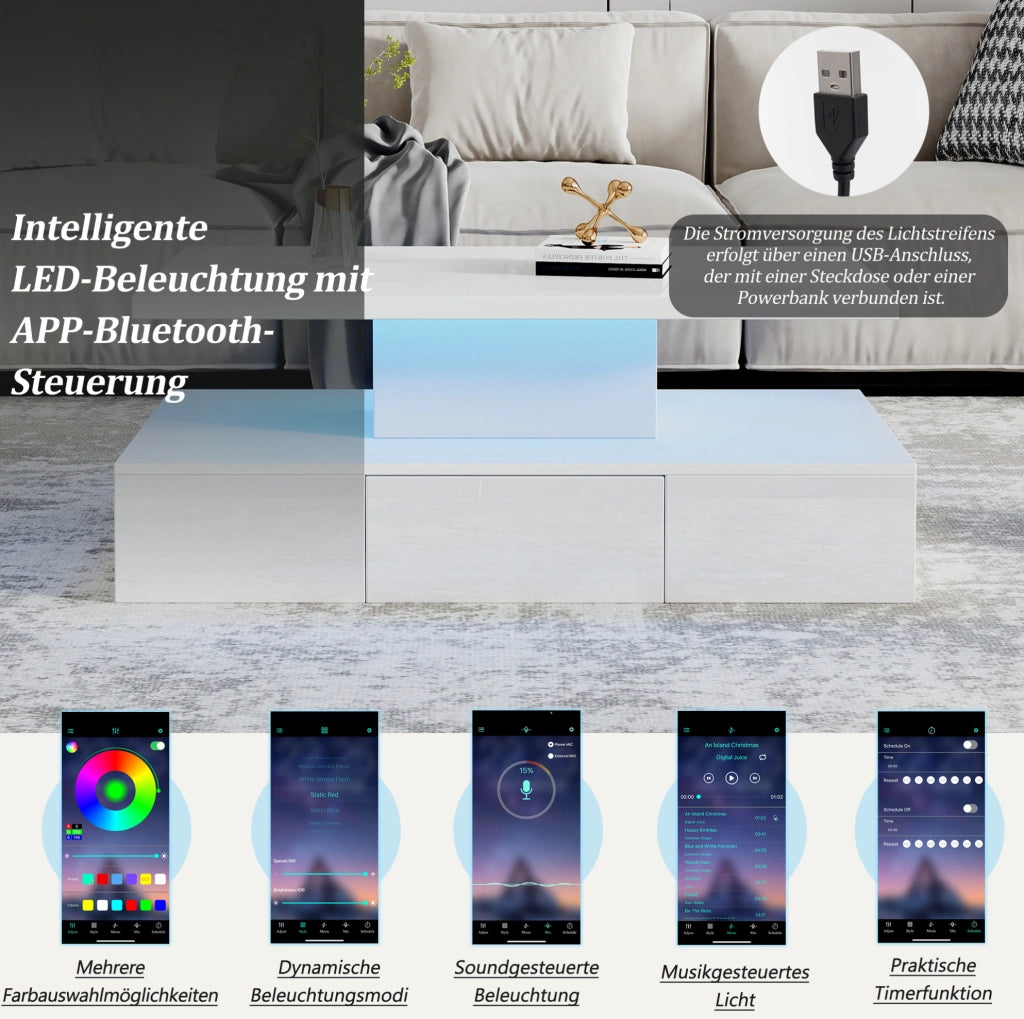 Tavolino da caffè bianco LED con cassetto, 100x50x39 cm