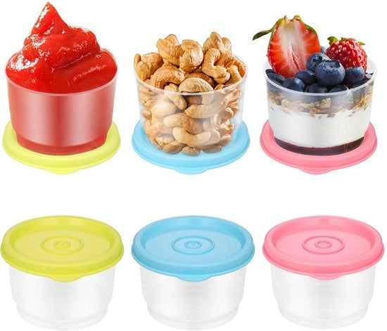 Set di contenitori alimentari 6-pack con coperchi, scatole per snack da 160 ml, imballaggio a stappabile per contenitori alimentari senza lacci per la cucina, contenitori mini per condimenti da riutilizzare, adatti per microonde e congelatore.