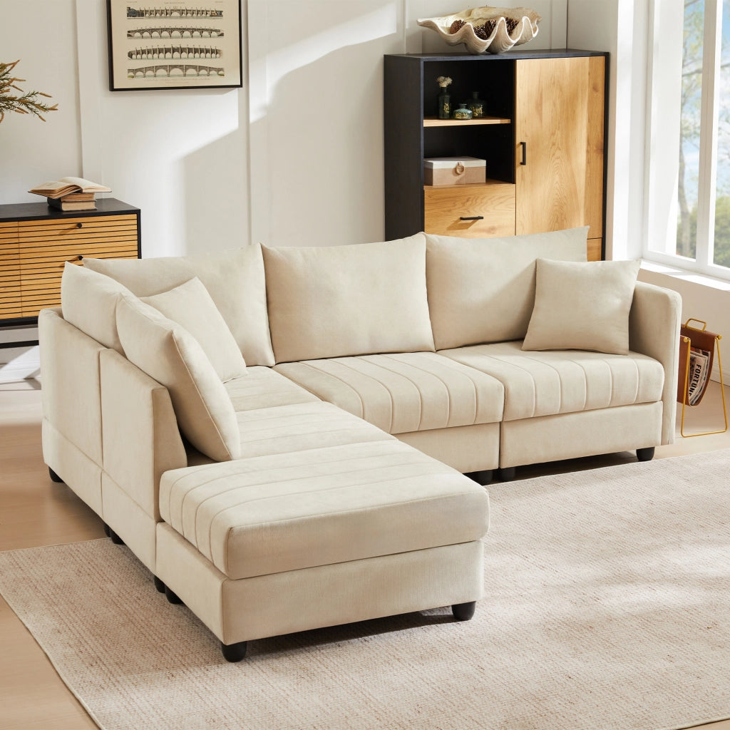 Divano modulare 5 posti con pouf mobile e schienale ergonomico in effetto lino beige