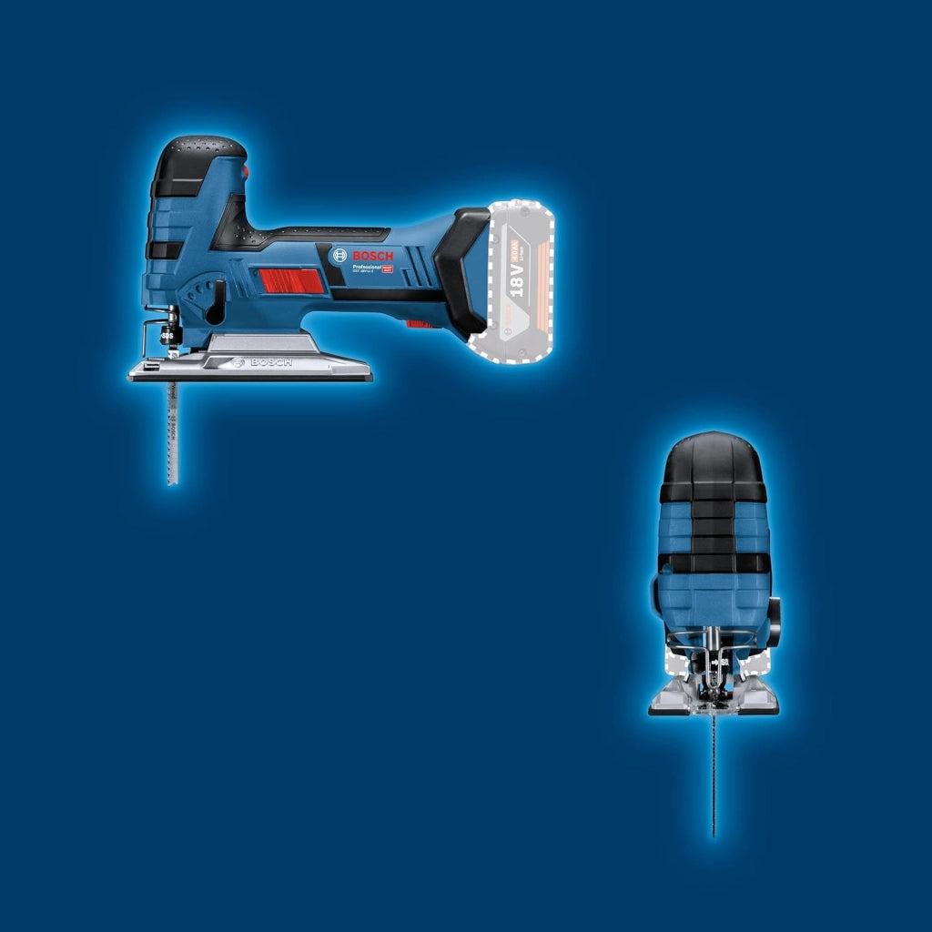 Bosch Professional 06015A6101 Seghetto Alternativo, Profondità: Legno/Alluminio/Metallo: 120/20/8 mm, 3 Lame, Protezione, Senza Batterie, in L-Boxx, 0 W, 18 V, Blu, Versione con Staffa