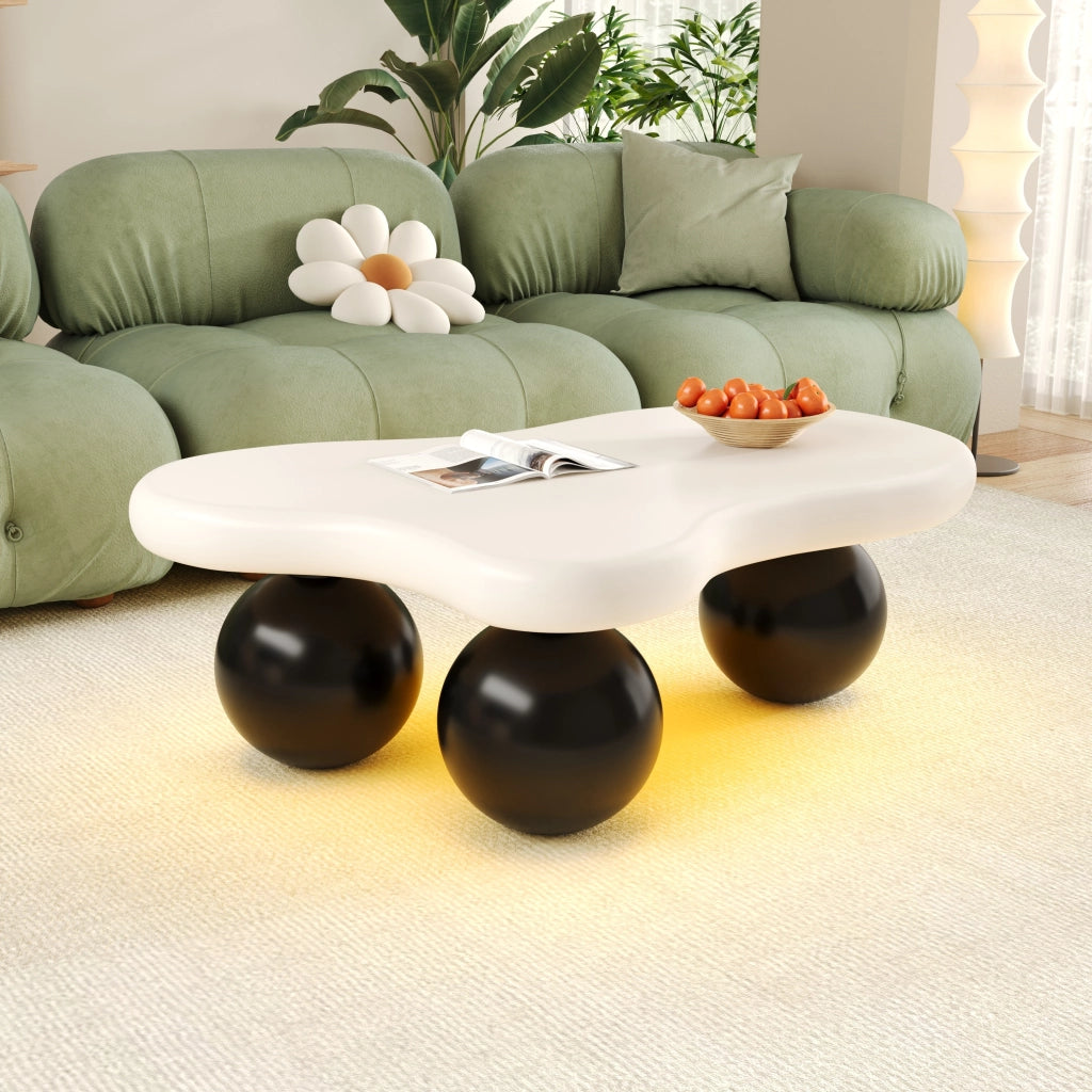 Tavolino da Caffè Forma Nuvola con LED 16 Colori; 4 Gambe Tonde; Stile Moderno; in MDF; Nero e Bianco