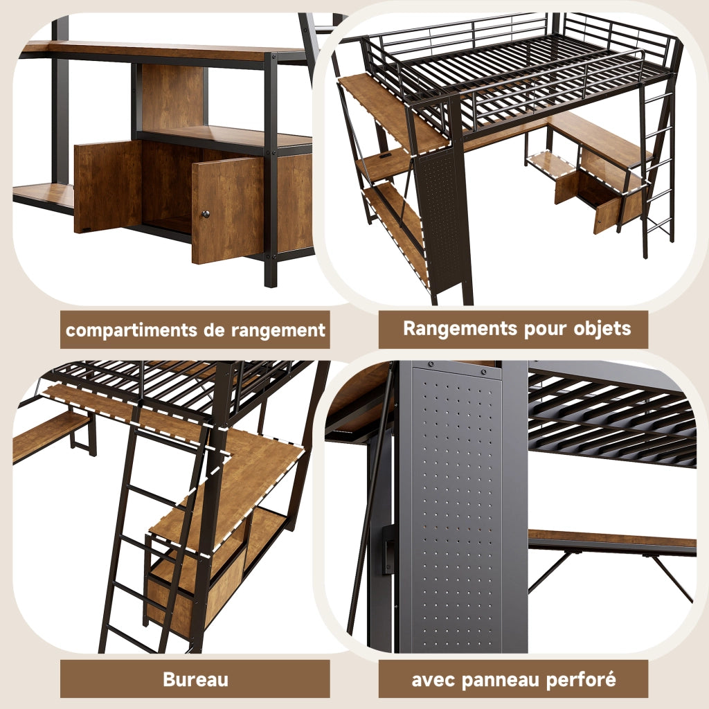 Letto a soppalco una piazza e mezza 140×200 cm con LED; scrivania; ripiani e USB; senza materasso; metallo; nero