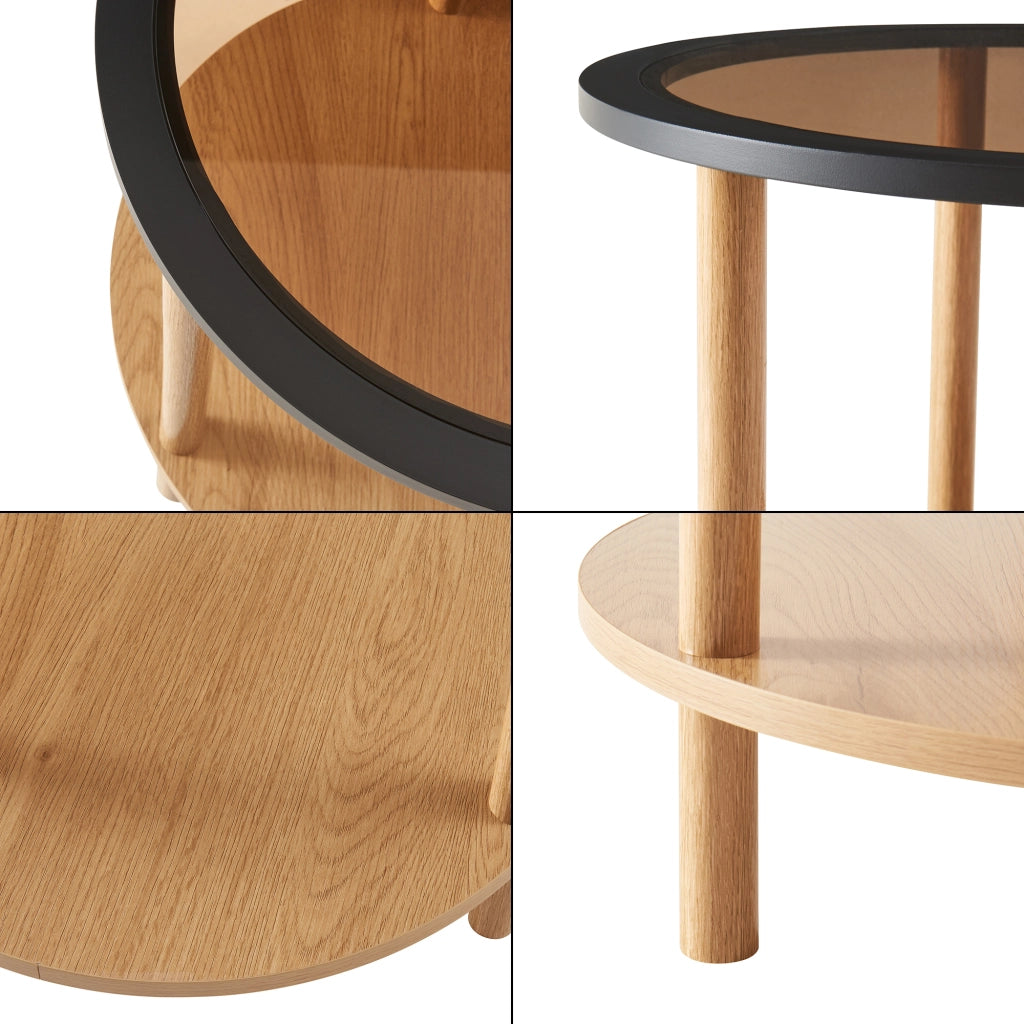 Tavolino Rotondo Latama a Piano in Vetro Fumé Bronzo - Naturale/Nero [en.casa]